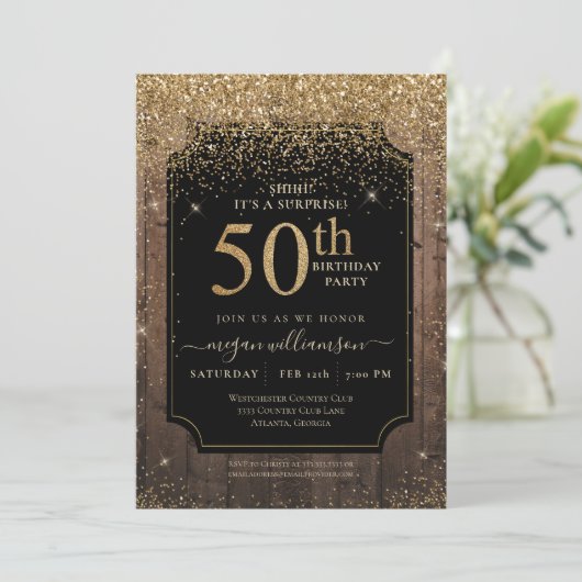 Gold Glitter Wood 50th Birthday Party Black Kaart (Staand voorkant)