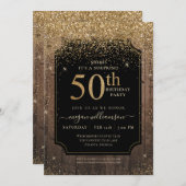 Gold Glitter Wood 50th Birthday Party Black Kaart (Voorkant / Achterkant)