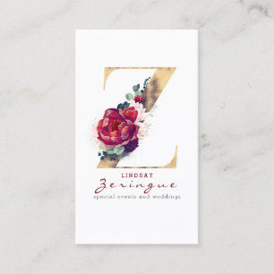 Gold Glitter Z Monogram Bourgogne Rode Bloemen Visitekaartje