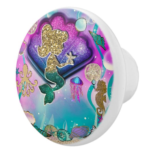 Gold Glitter Zeemeermin Holding Zeester Schattige  Keramische Knop (Rechts)