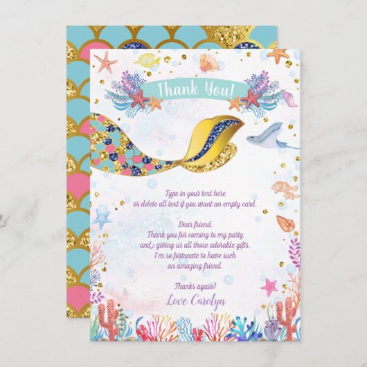 Gold Glitter | Zeemeermin in het Zee van Birthday Bedankkaart (Voorkant / Achterkant)