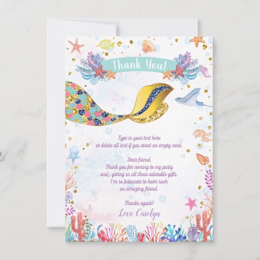 Gold Glitter | Zeemeermin in het Zee van Birthday Bedankkaart (Voorkant)