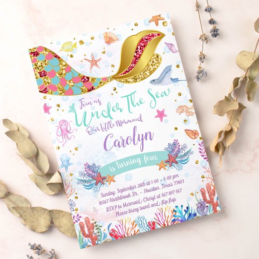 Gold Glitter | Zeemeermin in het Zee van Birthday Kaart