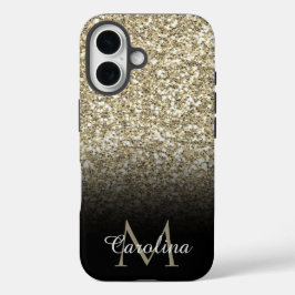 Gold Glitter, zwart, op maat iPhone 16 Hoesje