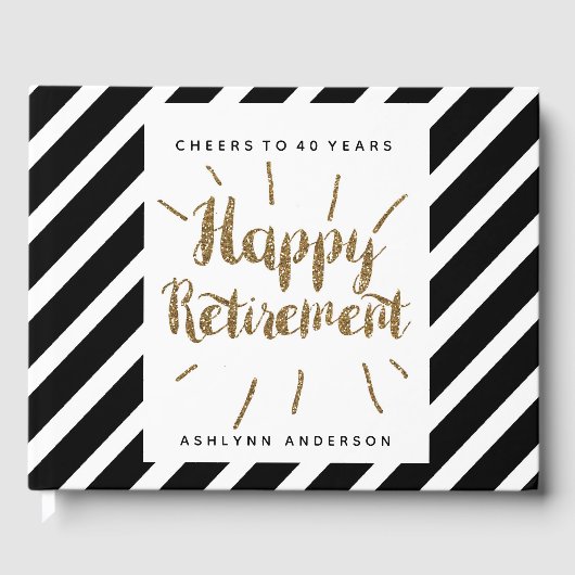 Gold Glitter Zwart-wit Happy Retirement Gastenboek (Voorkant)