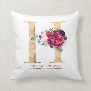 Gold Glittered en Burgundy Red Floral H Monogram Kussen