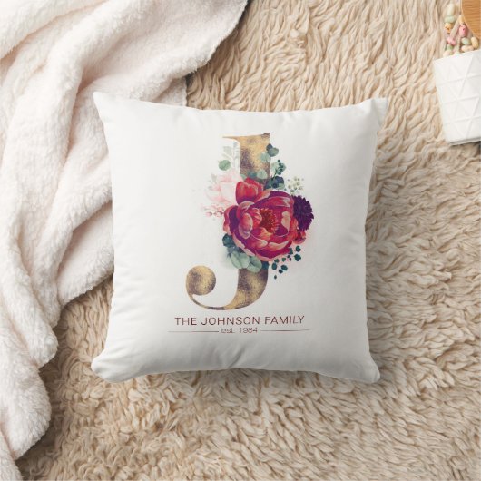 Gold Glittered J Monogram Floral Burgundy Red Kussen (Deken)