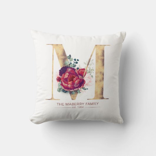 Gold Glittered M Monogram Floral Burgundy Red Kussen (Voorkant)