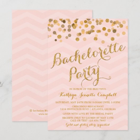Gold Glittering Confetti Bachelorette Party Invite Kaart (Voorkant / Achterkant)