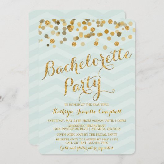 Gold Glittering Confetti Bachelorette Party Invite Kaart (Voorkant / Achterkant)