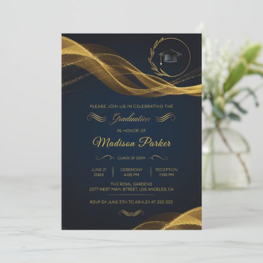 Gold Glittering Wave on Blue Afstuderen Kaart (Staand voorkant)