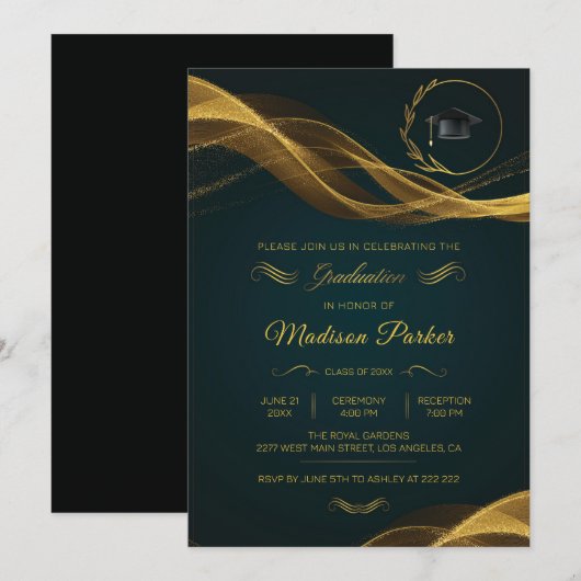 Gold Glittering Wave on Green Afstuderen Kaart (Voorkant / Achterkant)