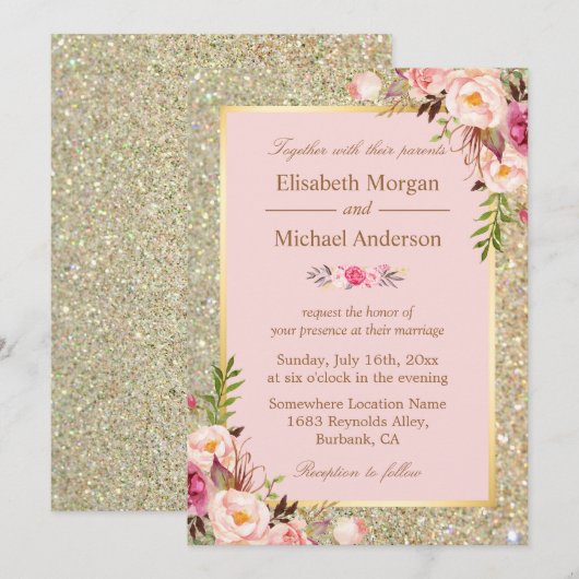 Gold Glitters Blush Pink Floral Weddenschap Kaart (Voorkant / Achterkant)