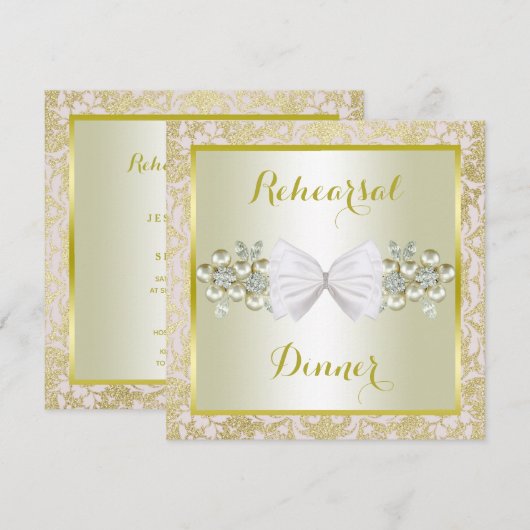 Gold Glitters, Diamond Gem & Bow Rehearsal Dinner Kaart (Voorkant / Achterkant)