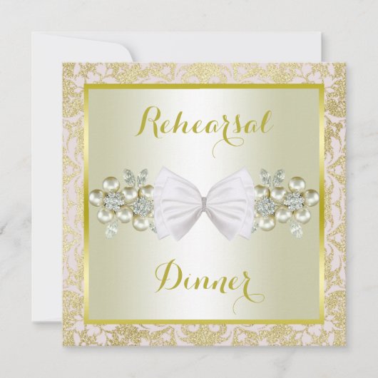 Gold Glitters, Diamond Gem & Bow Rehearsal Dinner Kaart (Voorkant)