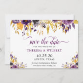 Gold Glitters Paarse Floral Wedding Save the Date (Voorkant)