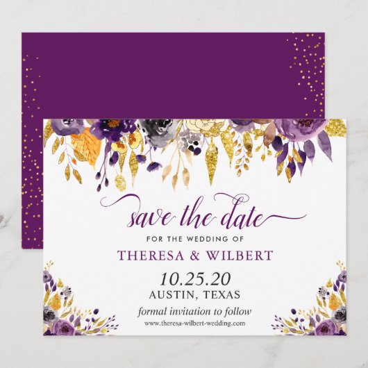 Gold Glitters Paarse Floral Wedding Save the Date (Voorkant / Achterkant)
