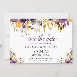 Gold Glitters Paarse Floral Wedding Save the Date
