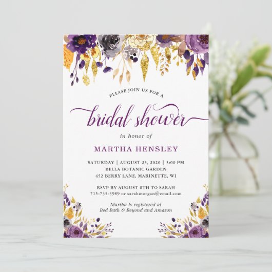 Gold Glitters Plum Paars Floral Vrijgezellenfeest Kaart (Staand voorkant)