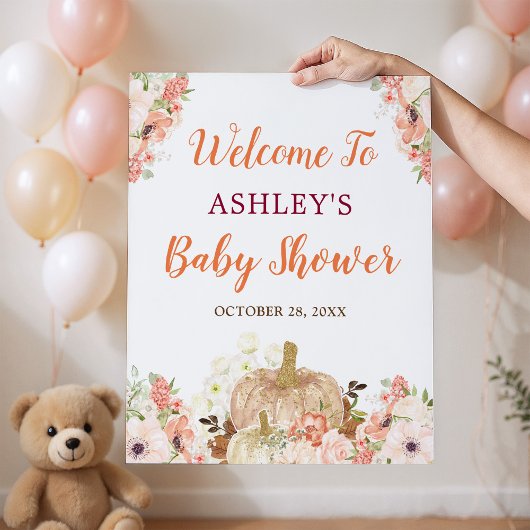 Gold Glitters Pumpkin Floral Herfst Baby shower Si Poster
