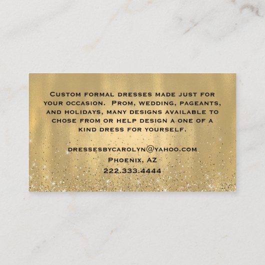 Gold Glittery Dress Seamstress Visitekaartje (Achterkant)