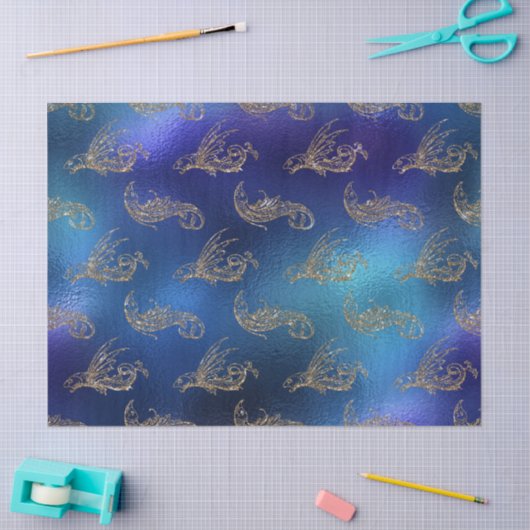 Gold Glittery Fish op Blue Decoupage Tissuepapier (Craft)