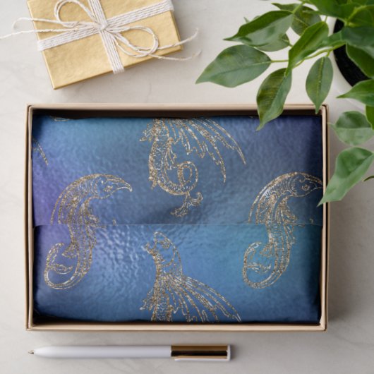 Gold Glittery Fish op Blue Decoupage Tissuepapier (Geschenk)
