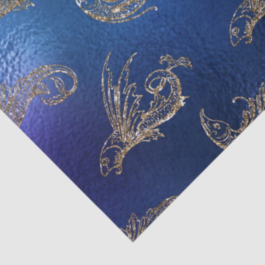 Gold Glittery Fish op Blue Decoupage Tissuepapier (Detail)