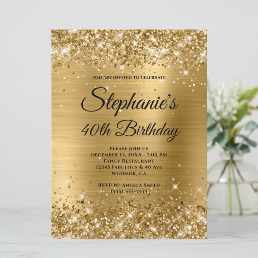Gold Glittery Folie Fancy Monogram 40e verjaardag Kaart (Staand voorkant)