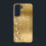 Gold Glittery Folie Girly Handtekening Samsung Galaxy Hoesje<br><div class="desc">Meisjes faux sparkly gold glitter hoogtepunten aan de linkerkant, over gouden gele folie van geel ombre geborsteld metaal. De moderne handtekening kenmerkt een elegant wit calligrafiedoopvont met decoratieve staarten in een verticaal formaat. Pas de doopvontstijlen aan of verplaats de glinsterende grafiek aan creëer uw eigen telefoontoestel. De extra sparkles, glitter...</div>