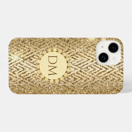 Gold Glittery Geometric Diamond Pattern Monogram iPhone Hoesje (Achterkant horizontaal)