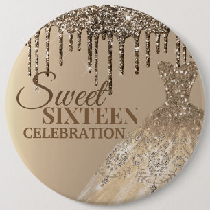 Gold Glittery Glamor Spark Drips Sweet 16 Birthday Ronde Button 6,0 Cm