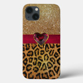 Gold Glittery Leopard Print en Ruby Heart Case-Mate iPhone Case (Achterkant)