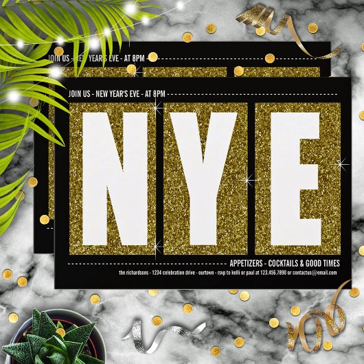 Gold Glittery New Year's Eve Cocktail Party Kaart