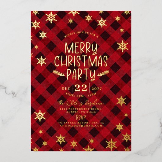Gold Glittery Snowflake Red Pset-kerstfeest Folie Uitnodiging (Voorkant)