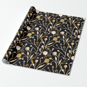 Gold Glittr Elegant Black Pink Floral Botanisch Cadeaupapier