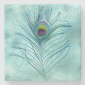 Gold Glitz Aqua Peacock Feather Stenen Onderzetter (Voorkant)