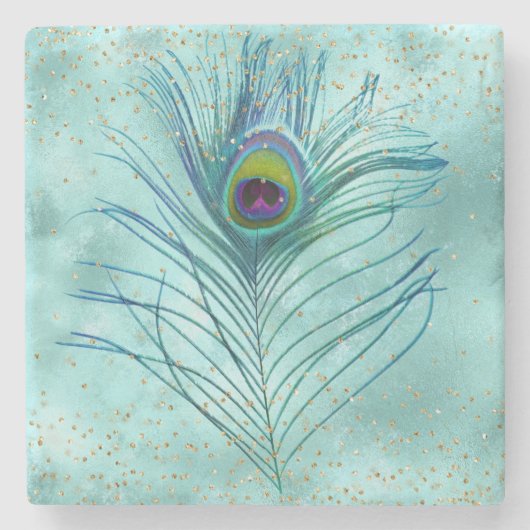 Gold Glitz Aqua Peacock Feather Stenen Onderzetter (Voorkant)