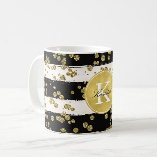 Gold Glitz Confetti Stippen Black Stripes Monogram Koffiemok (Voorkant links)