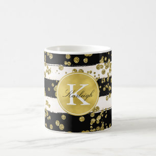 Gold Glitz Confetti Stippen Black Stripes Monogram Koffiemok