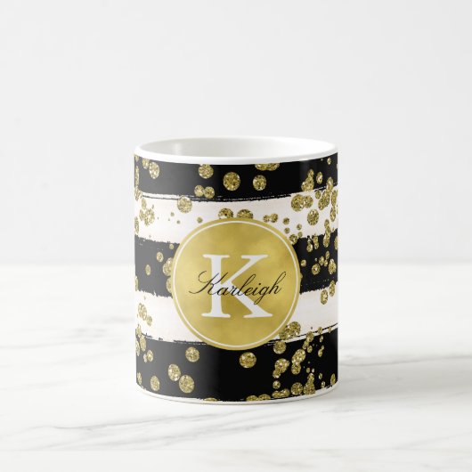 Gold Glitz Confetti Stippen Black Stripes Monogram Koffiemok (Center)