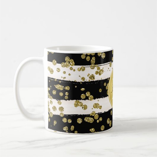 Gold Glitz Confetti Stippen Black Stripes Monogram Koffiemok (Links)