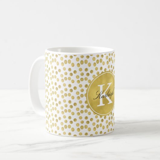 Gold Glitz Confetti Stippen Monogram Koffiemok (Voorkant links)