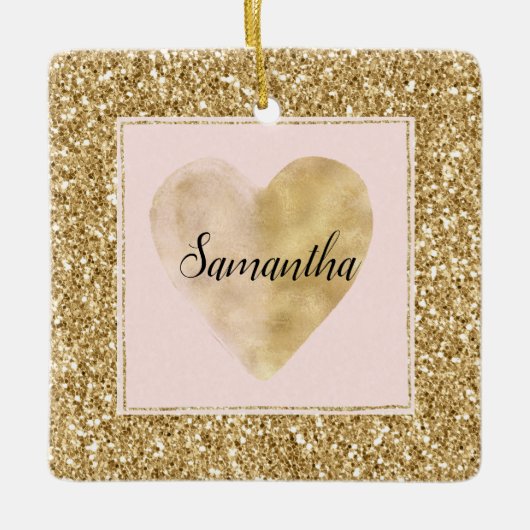 Gold Glitz Glitter Hartnaam Keramisch Ornament (Voorkant)