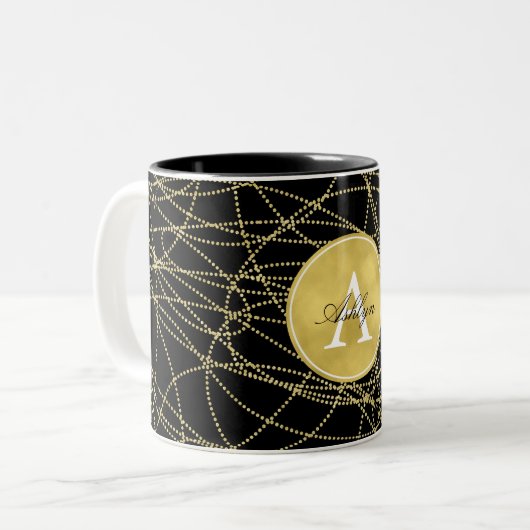 Gold Glitzy Black Abstract Monogram Tweekleurige Koffiemok (Voorkant links)