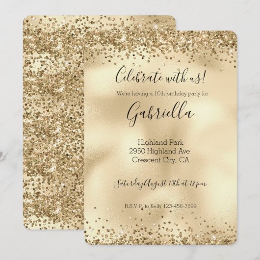 Gold Glitzy Glitter Sparkle Confetti Invitation Kaart (Voorkant / Achterkant)