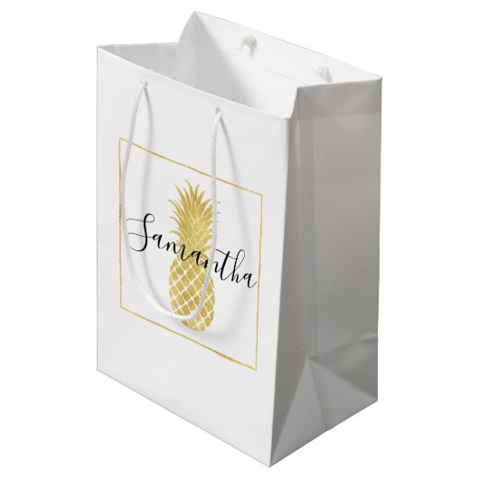 Gold Glitzy Pineappel Medium Cadeauzakje (Voorkant Gekanteld)
