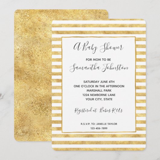 Gold Glitzy Stripes Baby shower Kaart (Voorkant / Achterkant)