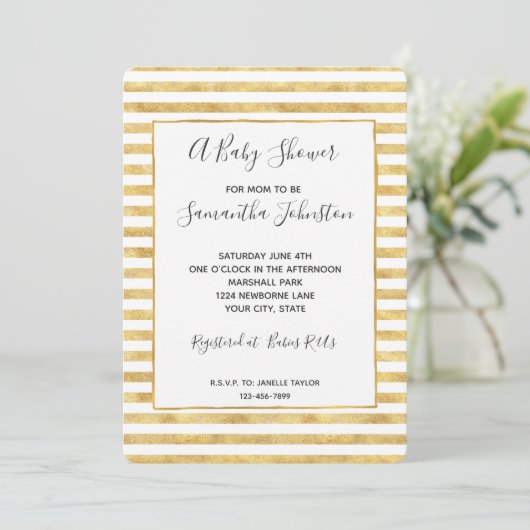 Gold Glitzy Stripes Baby shower Kaart (Staand voorkant)