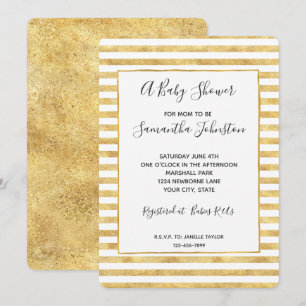 Gold Glitzy Stripes Baby shower Kaart